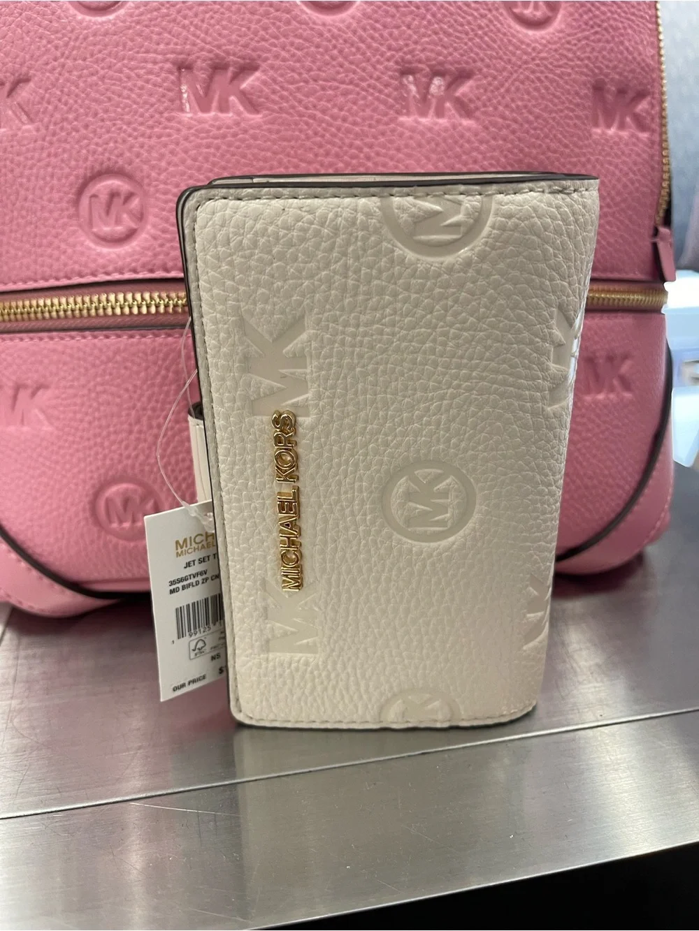 Michael Kors Jet Set Travel Med MK Logo Debossed Bifold Wallet Light Cream NWT